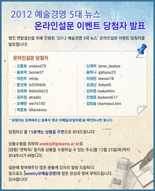 2012 예술경영 5대 뉴스 온라인설문 이벤트 당첨자 발표