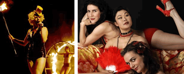 <서커스 오즈>의 공연 장면(왼쪽)과 세명의 여성 예술가가 선보이는 <벌레스크 아워>