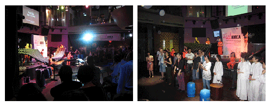 Korean Day 리셉션 중 노리단의 연주(왼쪽)와 출연진 모두의 끝인사 장면