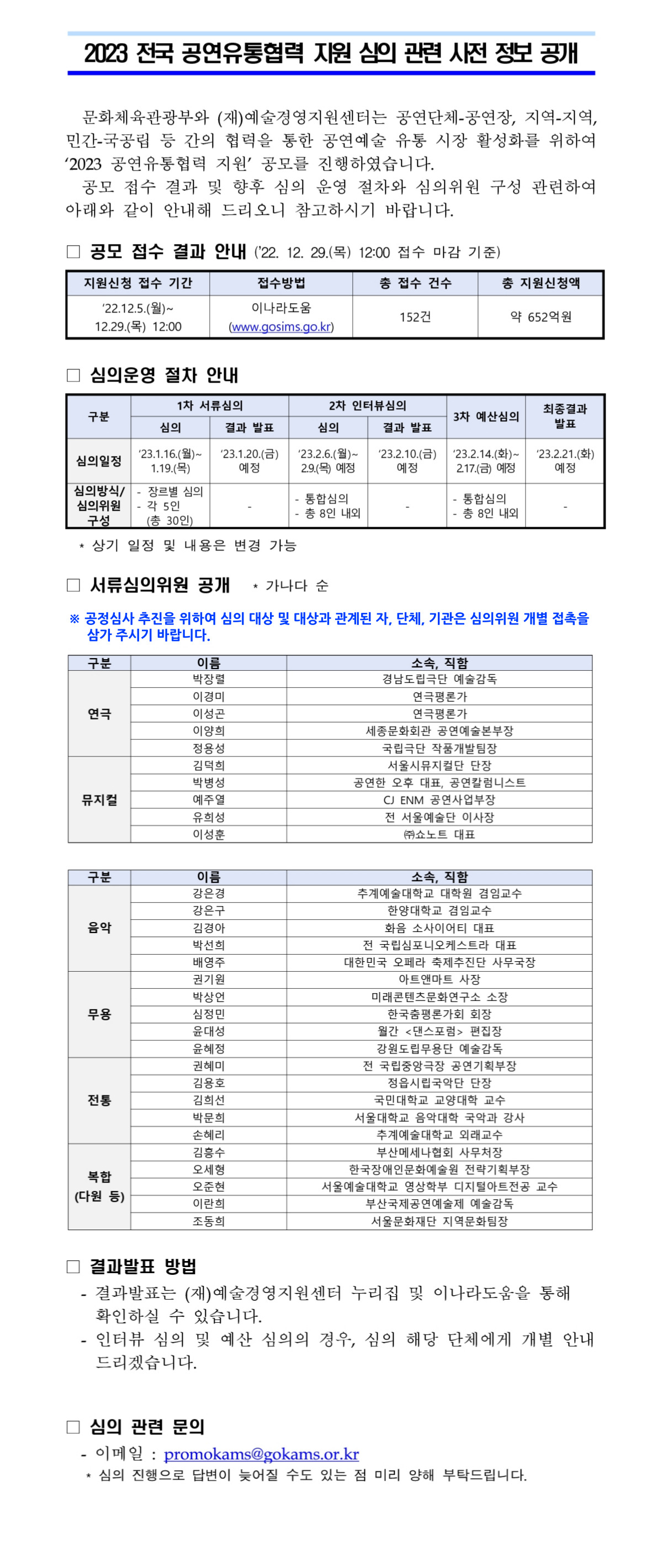 [공지] 2023 공연유통협력 지원 심의 관련 사전 정보 공개