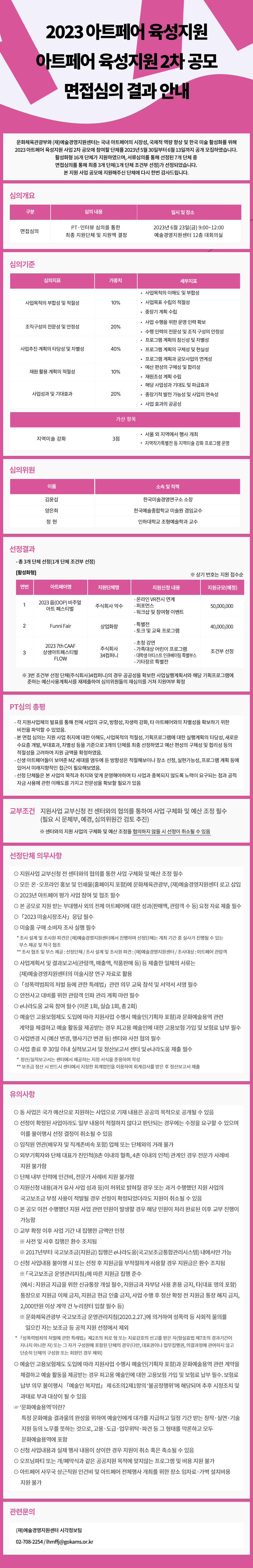 2023 아트페어 육성지원 2차 공모 면접심의 결과안내