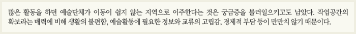많은 활동을 하던 예술단체가 이동이 쉽지 않는 지역으로 이주한다는 것은 궁금증을 불러일으키고도 남았다. 작업공간의 확보라는 매력에 비해 생활의 불편함, 예술활동에 필요한 정보와 교류의 고립감, 경제적 부담 등이 만만치 않기 때문이다.