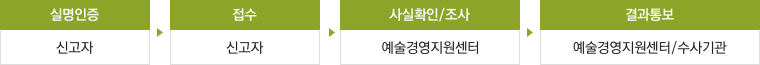 1. 실명인증 - 신고자 / 2. 접수 - 신고자 / 3. 사실확인/조사 - 예술경영지원센터 / 4. 결과통보 - 예술경영지원센터 및 수사기관