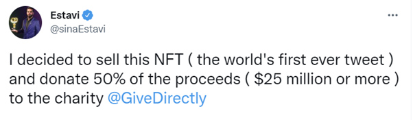 <잭도시(Jack Dorsey)의 최초의 트윗 NFT> 이미지 출처: Estavi 트위터