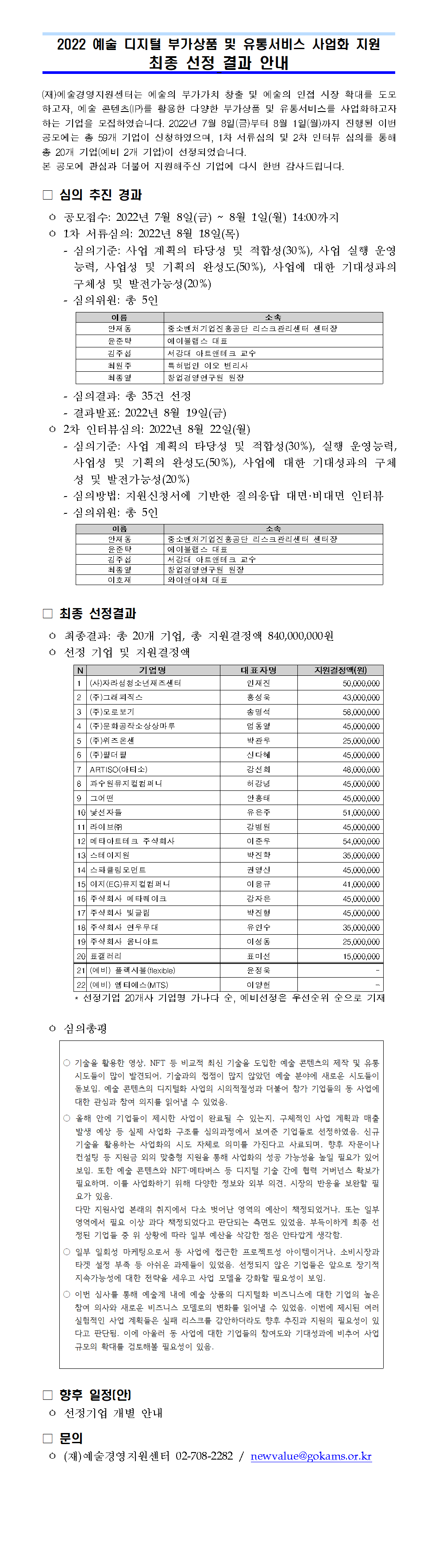 2022 예술 디지털 부가상품 및 유통서비스 사업화 지원 최종 결과 안내