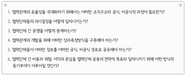 1. 협력관계의 효율성을 극대화하기 위해서는 어떠한 조직구조와 공식, 비공식적 과정이 필요한가? 2.협력단체들의 의사결정을 어떻게 일치시키는가? 3.협력단체 간 분쟁을 어떻게 중재하는가? 4.협력관계의 개발을 위해 어떠한 성과측정방식을 구축해야 하는가? 5.협력단체들이 어떠한 정보를 어떠한 공식, 비공식 경로로 공유해야 하는가? 6.협력단체 간 비용과 위험, 이익의 분담을 협력단체 공동의 전략적 목표와 일치시키기 위해 어떤 방식의 동기부여가 이루어질 것인가?