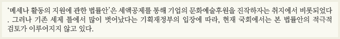 '메세나 활동의 지원에 관한 법률안'은 세액공제를 통해 기업의 문화예술후원을 진작하자는 취지에서 비롯되었다. 그러나 기존 세제 틀에서 많이 벗어났다는 기획재정부의 입장에 따라, 현재 국회에서는 본 법률안의 적극적 검토가 이루어지지 않고 있다.