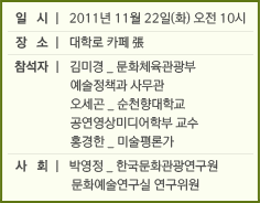 일시 : 2011년 11월 22일(화) 오전 10시 장소 : 대학로 카페 장 패널 : 김미경 _ 문화체육관광부 예술정책과 사무관 오세곤 _ 연출가, 순천향대학교 연극학과 교수 홍경한 _ 미술평론가 사회 : 박영정 _ 한국문화관광연구원 문화예술연구실 연구위원 