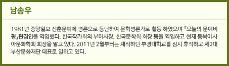 남송우 1981년 중앙일보 신춘문예에 평론으로 등단하여 문학평론가로 활동 하였으며 『오늘의 문예비평』편집인을 역임했다. 한국작가회의 부이사장, 한국문학회 회장 등을 역임하고 현재 동북아시아문화학회 회장을 맡고 있다. 2011년 2월부터는 재직하던 부경대학교를 잠시 휴직하고 제2대 부산문화재단 대표로 일하고 있다.