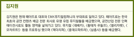 김지원은 현재 떼아뜨로 대표와 EMK 뮤지컬 컴퍼니의 부대표로 일하고 있다. 떼아뜨로는 한국 최초의 공연 컨텐츠 배급 전문 회사로 유명 유럽 뮤지컬들을 배급했으며, 공연산업 전문 인력 에이전시로도 활동 영역을 넓혀가고 있다. 뮤지컬 <레베카>, <황태자 루돌프>, <엘리자벳>, <모차르트!> 등을 프로듀싱 했으며 <잭더리퍼>, <클레오파트라>, <삼총사> 등을 배급했다.