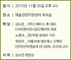 일시: 2010년 11월 26일 오후 4시 장소: 예술경영지원센터 회의실 패널: 김노암 아트스페이스 휴 대표, (사)비영리전시공간협의회 대표, 노형석 [한겨레]문화부 기자, 박만우 아뜰리에 에르메스 디렉터, (전)부산비엔날레 전시감독, 조선대 교수 사회: 김소연 편집장