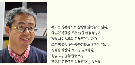 제도는 기본적으로 창작을 앞서갈 수 없다. 국민의 세금을 쓰는 만큼 안정적이고 가장 보수적으로 운용되어야 한다. 물론 예술이라는 특수성을 고려하더라도 적절한 방향과 속도가 필요하다. 히딩크가 말한 밸런스가 제도의 운용에도 적용된다._김노암