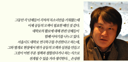 그동안 각 단체들이 각자의 목소리만을 키워왔는데 이제 공동의 모색이 필요한 때인 것 같다. 대학로의 활로에 대해 관련 단체들이 함께 이야기를 나누고 있다. 서울시도 대학로 연극특구를 추진한다고 하는데 그와별개로 현장에서 뭔가 공동의 모색과 실천을 만들고 그것이 어떤 부분 정책과 접합된다거나 하는 식으로 전개될 수 있을 거라 생각한다._손상원