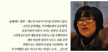 올해에도 정책 · 제도적 이슈가 다수를 차지하고 있다. 그만큼 공연예술, 시각예술에서 공공영역, 공공시장의 비중이 크다는 반증인 것 같다. 그런데 3년 동안 예술경영 10대뉴스를 진행하면서 계속 비슷한 결과가 나오는 것을 보면 한편으로는 현장의 흐름을 이슈화하는데 무기력했던 것은 아닌가 하는 반성도 든다._김소연