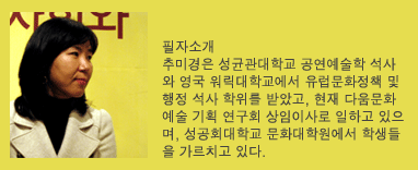 필자소개: 추미경은 성균관대학교 공연예술학 석사와 영국 워릭대학교에서 유럽문화정책 및 행정 석사 학위를 받았고, 현재 다움문화예술기획 연구회 상임이사로 일하고 있으며 성공회대학교 문화대학원에서 학생들을 가르치고 있다.