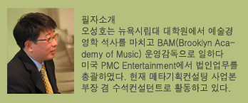 필자소개: 오성호는 뉴욕시립대 대학원에서 예술경영학 석사를 마치고 BAM(Brooklyn Academy of Music)운영감독으로 일하다 미국 PMC Entertainment에서 법인업무를 총괄하였다. 현재 메타기획컨설팅 사업본부장 겸 수석 컨설턴트로 활동하고 있다.