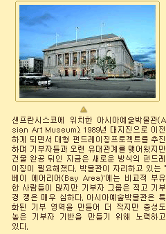 샌프란시스코에 위치한 아시아예술박물관(Asian Art Museum). 1989년 대지진으로 이전하게 되면서 대형 펀드레이징프로젝트를 추진하며 기부자들과 오랜 유대관계를 맺어왔지만 건물 완공 뒤인 지금은 새로운 방식의 펀드레이징이 필요해졌다. 박물관이 자리하고 있는 '베이 에어리어(Bay Area)'에는 비교적 부유한 사람들이 많지만 기부자 그룹은 적고 기부경쟁은 매우 심하다. 아시아예술박물관은 특화된 기부 영역을 만들어 더 작지만 충성도 높은 기부자 기반을 만들기 위해 노력하고 있다.