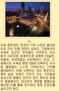 뉴욕 링컨센터. 미국의 기부 시장은 활성화되어 있는 만큼 경쟁이 심하다. 그중에서도 뉴욕은 최고의 부자들이 거주하고 있는 메가 시티지만 세계적으로 유명한 미술관, 박물관, 공연장들도 수두룩하다. 미국, 그중에서도 뉴욕은 명망가들로 이루어진 이사회 멤버들이 스스로 기부하거나 기부를 활성화하기 위해 노력하는 것이 특징이다. 특히 높은 브랜드 가치가 있는 기관들을 중심으로 캠페인 위주의 펀드 레이징 방법이 발달해 있다. 대규모의 캐피털 캠페인을 벌이며 이를 통해 장기적인 재정 안정도를 높이고자 한다.