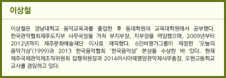 이상철은 경남대학교 음악교육과를 졸업한 후 동대학원의 교육대학원에서 공부했다. 한국관악협회제주도지부 사무국장을 거쳐 부지부장, 지부장을 역임했으며, 2009년부터 2012년까지 제주문화예술재단 이사로 재직했다. 6인비평가그룹이 제정한 ‘오늘의 음악가상’(1999)과 2013 한국음악협회 ‘한국음악상’ 본상을 수상한 바 있다. 현재 제주국제관악제조직위원회 집행위원장과 2014아시아태평양관악제사무총장, 오현고등학교 교사를 겸임하고 있다. 