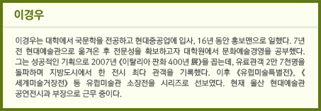 이경우 / 이경우는 대학에서 국문학을 전공하고 현대중공업에 입사, 16년 동안 홍보맨으로 일했다. 7년 전 현대예술관으로 옮겨온 후 전문성을 확보하고자 대학원에서 문화예술경영을 공부했다. 그는 성공적인 기획으로 2007년 《이탈리아 판화 400년 展》을 꼽는데, 유료관객 2만 7천명을 돌파하며 지방도시에서 한 전시 최다 관객을 기록했다. 이후 《유럽미술특별전》, 《세계미술거장전》 등 유럽미술관 소장전을 시리즈로 선보였다. 현재 울산 현대예술관 공연전시과 부장으로 근무 중이다.