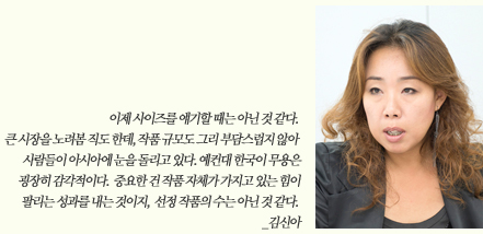 이제 사이즈를 얘기할 때는 아닌 것 같다. 큰 시장을 노려봄 직도 한데, 작품 규모도 그리 부담스럽지 않아 사람들이 아시아에 눈을 돌리고 있다. 예컨대 한국이 무용은 굉장히 감각적이다. 중요한 건 작품 자체가 가지고 있는 힘이 팔리는 성과를 내는 것이지, 선정 작품의 수는 아닌 것 같다. _김신아