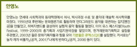 안영노/안영노는 연세대 사회학과와 동대학원에서 석사, 박사과정 수료 및 홍익대 예술학 석사학위를 마쳤다. 1990년대 후반에는 문화평론가로 활동하며 언더그라운드 음악을 대변하는 잡지[펜진 공]을 만들었고, 허벅지밴드를 결성하여 실험적 음악 활동을 펼쳤다. 이어 유스 페스티벌(Youth Festival, 1999~2000)의 총기획과 사업지원국장을 맡았으며, 한겨레문화기획학교 설립을 주관했고, 2003년 젊은 문화기획자들과 힘을 모아 기분좋은 큐엑스(QX)를 설립했다. 저서로는『놀자 깨자 비틀자』(공저, 2001)『나에게 반하다』(공저, 2008) 등이 있다.