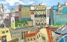 참조 이미지 - 대기업과 브랜드로 채워진 도시를 그린 일러스트