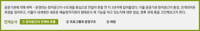 공공기관에 의해 위탁 · 운영되는 창작공간이 수도권을 중심으로 연달아 문을 연 지 3년차에 접어들었다. 이들 공공기관 창작공간이 등장, 전개되어온 과정을 정리하고, 이들이 내세웠던 새로운 예술창작지원의 형태로서 제 기능을 하고 있는지에 대한 점검, 향후 과제 등을 고민해보고자 한다. 연재순서: ① 창작공간의 전개와 흐름