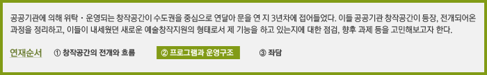 공공기관에 의해 위탁 · 운영되는 창작공간이 수도권을 중심으로 연달아 문을 연 지 3년차에 접어들었다. 이들 공공기관 창작공간이 등장, 전개되어온 과정을 정리하고, 이들이 내세웠던 새로운 예술창작지원의 형태로서 제 기능을 하고 있는지에 대한 점검, 향후 과제 등을 고민해보고자 한다. 연재순서: ② 프로그램과 운영구조 