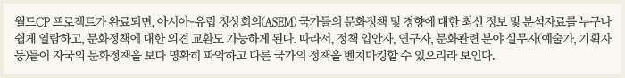 월드CP프로젝트가 완료되면 아시아-유럽 정상회의(ASEM) 국가들의 문화정책 및 경향에 대한 최신 정보 및 분석자료를 누구나 쉽게 열람하고 문화정책에 대한 의견교환도 가능하게 된다. 따라서 정책입안자, 연구자, 문화관련 분야 실무자(예술가, 기획자 등)들이 자국의 문화정책을 보다 명확히 파악하고 다른 국가의 정책을 벤치마킹할 수 있으리라 보인다.
