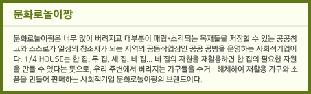 문화로놀이짱-문화로놀이짱은 너무 많이 버려지고 대부분이 매립· 소각되는 목재들을 저장할 수 있는 공공창고와 스스로가 일상의 창조자가 되는 지역의 공동작업장인 공공 공방을 운영하는 사회적기업이다. 1/4 HOUSE 는 한 집, 두 집, 세 집, 네 집... 네 집의 자원을 재활용하면 한 집의 필요한 자원을 만들 수 있다는 뜻으로, 우리 주변에서 버려지는 가구들을 수거 · 해체하여 재활용 가구와 소품을 만들어 판매하는 사회적기업 문화로 놀이짱의 브랜드이다.