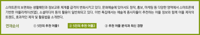 스마트폰의 보편화는 생활패턴과 정보교류 체계를 급격히 변화시키고 있다. 문화예술에 있어서도 창작, 홍보, 마케팅 등 다양한 영역에서 스마트폰에 기반한 어플리케이션(앱), 소셜미디어 등의 활요이 일반화되고 있다. 이번 특집에서는 예술계 종사자들이 추천하는 어플 정보와 함께 어플 제작의 트렌드, 효과적이니 제작 및 활용법을 소개한다.② 5인의 추천 어플2 