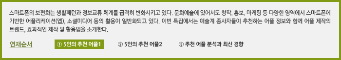 스마트폰의 보편화는 생활패턴과 정보교류 체계를 급격히 변화시키고 있다. 문화예술에 있어서도 창작, 홍보, 마케팅 등 다양한 영역에서 스마트폰에 기반한 어플리케이션(앱), 소셜 미디어 등의 활용이 일반화되고 있다. 이번 특집에서는 예술계 종사자들이 추천하는 어플 정보와 함께 어플 제작의 트렌드, 효과적인 제작 및 활용법을 소개한다. ① 5인의 추천 어플1 