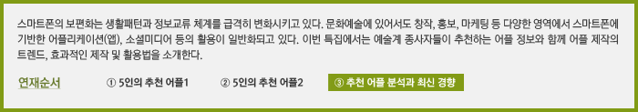 스마트폰의 보편화는 생활패턴과 정보교류 체계를 급격히 변화시키고 있다. 문화예술에 있어서도 창작, 홍보, 마케팅 등 다양한 영역에서 스마트폰에 기반한 어플리케이션(앱), 소셜미디어 등의 활용이 일반화되고 있다. 이번 특집에서는 예술계 종사자들이 추천하는 어플 정보와 함께 어플 제작의 트렌드, 효과적인 제작 및 활용법을 소개한다. 연재순서 ③ 추천 어플 분석과 최신 경향