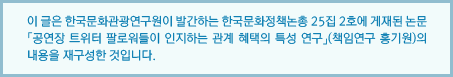 이 글은 한국문화관광연구원이 발간하는 한국문화정책논총 25집 2호에 게재된 논문 「공연장 트위터 팔로워들이 인지하는 관계 혜택의 특성 연구」(책임연구 홍기원)의 내용을 재구성한 것입니다. 