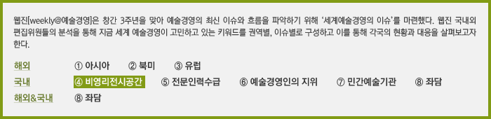 웹진[weekly@예술경영]은 창간 3주년을 맞아 예술경영의 최신 이슈와 흐름을 파악하기 위해 '세계예술경영의 이슈'를 마련했다. 웹진 국내외 편집위원들의 분석을 통해 지금 세계 예술경영이 고민하고 있는 키워드를 권역별, 이슈별로 구성하고 이를 통해 각국의 현황과 대응을 살펴보고자 한다. ④ 비영리전시공간 