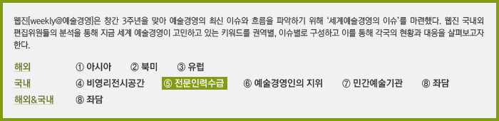 웹진[weekly@예술경영]은 창간 3주년을 맞아 예술경영의 최신 이슈와 흐름을 파악하기 위해 '세계예술경영의 이슈'를 마련했다. 웹진 국내외 편집위원들의 분석을 통해 지금 세계 예술경영이 고민하고 있는 키워드를 권역별, 이슈별로 구성하고 이를 통해 각국의 현황과 대응을 살펴보고자 한다. ⑤ 전문인력수급 