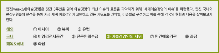 웹진[weekly@예술경영]은 창간 3주년을 맞아 예술경영의 최신 이슈와 흐름을 파악하기 위해 '세계예술경영의 이슈'를 마련했다. 웹진 국내외 편집위원들의 분석을 통해 지금 세계 예술경영이 고민하고 있는 키워드를 권역별, 이슈별로 구성하고 이를 통해 각국의 현황과 대응을 살펴보고자 한다.⑥ 예술경영인의 지위