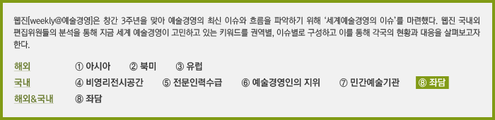 웹진[weekly@예술경영]은 창간 3주년을 맞아 예술경영의 최신 이슈와 흐름을 파악하기 위해 '세계예술경영의 이슈'를 마련했다. 웹진 국내외 편집위원들의 분석을 통해 지금 세계 예술경영이 고민하고 있는 키워드를 권역별, 이슈별로 구성하고 이를 통해 각국의 현황과 대응을 살펴보고자 한다. (해외- ①아시아 ②북미 ③유럽 국내- ④비영리전시공강 ⑤전문인력수급 ⑥예술경영인의 지위 ⑦민간예술기관 ⑧ 좌담 해외&국내 ⑧좌담) 현재 게시글은 ⑧좌담 내용입니다.