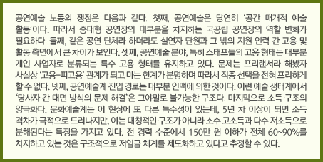 공연예술 노동의 쟁점은 다음과 같다. 첫째, 공연예술은 당연히 ‘공간 매개적 예술 활동’이다. 따라서 중대형 공연장의 대부분을 차지하는 국공립 공연장의 역할 변화가 필요하다. 둘째, 같은 공연 단체라 하더라도 실연자 단원과 그 밖의 지원 인력 간 고용 및 활동 측면에서 큰 차이가 보인다. 셋째, 공연예술 분야, 특히 스태프들의 고용 형태는 대부분 개인 사업자로 분류되는 특수 고용 형태를 유지하고 있다. 문제는 프리랜서라 해봤자 사실상 ‘고용-피고용’ 관계가 되고 마는 한계가 분명하며 따라서 직종 선택을 전혀 프리하게 할 수 없다. 넷째, 공연예술계 진입 경로는 대부분 인맥에 의한 것이다. 이런 예술 생태계에서 ‘당사자 간 대면 방식의 문제 해결’은 그야말로 불가능한 구조다. 마지막으로 소득 구조의 양극화다. 문화예술계는 이 현상에 또 다른 특수성이 있는데, 5년 차 이상이 되면 소득 격차가 극적으로 드러나지만, 이는 대칭적인 구조가 아니라 소수 고소득과 다수 저소득으로 분해된다는 특징을 가지고 있다. 전 경력 수준에서 150만 원 이하가 전체 60~90%를 차지하고 있는 것은 구조적으로 저임금 체계를 제도화하고 있다고 추정할 수 있다.