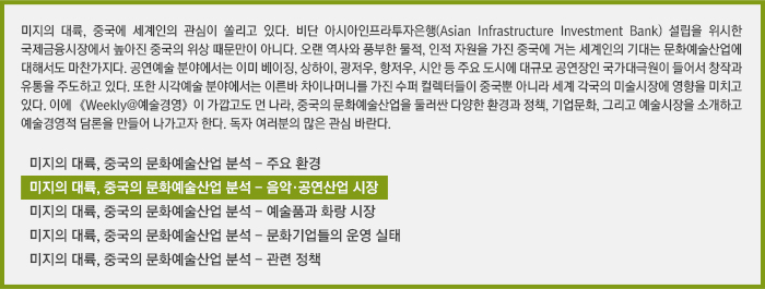 미지의 대륙, 중국에 세계인의 관심이 쏠리고 있다. 비단 아시아인프라투자은행(Asian Infrastructure Investment Bank) 설립을 위시한 국제금융시장에서 높아진 중국의 위상 때문만이 아니다. 오랜 역사와 풍부한 물적, 인적 자원을 가진 중국에 거는 세계인의 기대는 문화예술산업에 대해서도 마찬가지다. 공연예술 분야에서는 이미 베이징, 상하이, 광저우, 항저우, 시안 등 주요 도시에 대규모 공연장인 국가대극원이 들어서 창작과 유통을 주도하고 있다. 또한 시각예술 분야에서는 이른바 차이나머니를 가진 수퍼 컬렉터들이 중국뿐 아니라 세계 각국의 미술시장에 영향을 미치고 있다. 이에 《Weekly@예술경영》이 가깝고도 먼 나라, 중국의 문화예술산업을 둘러싼 다양한 환경과 정책, 기업문화, 그리고 예술시장을 소개하고 예술경영적 담론을 만들어 나가고자 한다. 독자 여러분의 많은 관심 바란다. 