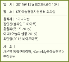 일 시 2015년 12월 8일(화) 오전 10시/장 소 (재)예술경영지원센터 회의실/참석자 *가나다순/김인선(블라인드 데이트)/윤율리(굿-즈 2015)/이 제(오늘의 살롱 2015)/최민영(2015 비아트마켓)/사 회/채은영 독립큐레이터, ≪weekly@예술경영≫ 편집위원