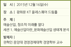 일 시: 2015년 12월 16일(수)/장 소: 광화문 KT 올레스퀘어 드림홀/예술산업, 창조적 미래를 열다 세션 1. 예술산업이란_문화예술산업 생태계 분석/발제자: 권혁인 중앙대 경영경제대학 경영학부 교수