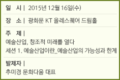 일 시: 2015년 12월 16일(수)/장 소: 광화문 KT 올레스퀘어 드림홀/주 제: 예술산업, 창조적 미래를 열다 세션 1. 예술산업이란_예술산업의 가능성과 한계/발제자: 추미경 문화다움 대표