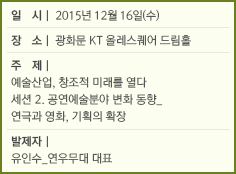 일 시: 2015년 12월 16일(수)/장 소: 광화문 KT 올레스퀘어 드림홀/주제:예술산업, 창조적 미래를 열다/세션 2. 공연예술분야 변화 동향_연극과 영화, 기획의 확장/발제자: 유인수_연우무대 대표