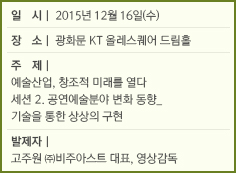 일 시: 2015년 12월 16일(수)/장 소: 광화문 KT 올레스퀘어 드림홀/주제:예술산업, 창조적 미래를 열다/세션 2. 공연예술분야 변화 동향_기술을 통한 상상의 구현/발제자: 고주원 ㈜비주아스트 대표, 영상감독