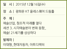 일시 : 2015년 12월 16일(수)/장소 : 광화문 KT 올레스퀘어 드림홀/주제 : 예술산업, 창조적 미래를 열다/세션 3. 시각예술분야 변화 동향_예술! 21세기를 상상하다/발제자 : 이대형_현대자동차, 아트디렉터