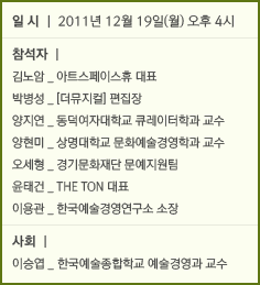 일시 : 2011년 12월 19일(월) 오후 4시 참석자 : 김노암 _ 아트스페이스휴 대표 박병성 _ [더뮤지컬] 편집장 양지연 _ 동덕여자대학교 큐레이터학과 교수 양현미 _ 상명대학교 문화예술경영학과 교수 오세형 _ 경기문화재단 문예지원팀  윤태건 _ THE TON 대표 이용관 _ 한국예술경영연구소 소장 사회 :   이승엽 한국예술종합학교 예술경영과 교수&#13;&#10;