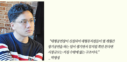 “대형공연장이 신설되어 대형뮤지컬들이 몇 개월간 장기공연을 하는 일이 생기면서 뮤지컬 쪽만 본다면 시장규모는 커질 수밖에 없는 구조이다.” _ 박병성