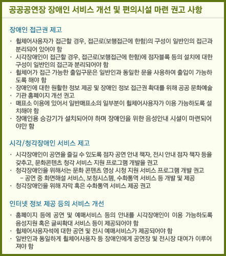 공공공연장 장애인 서비스 개선 및 편의시설 마련 권고 사항